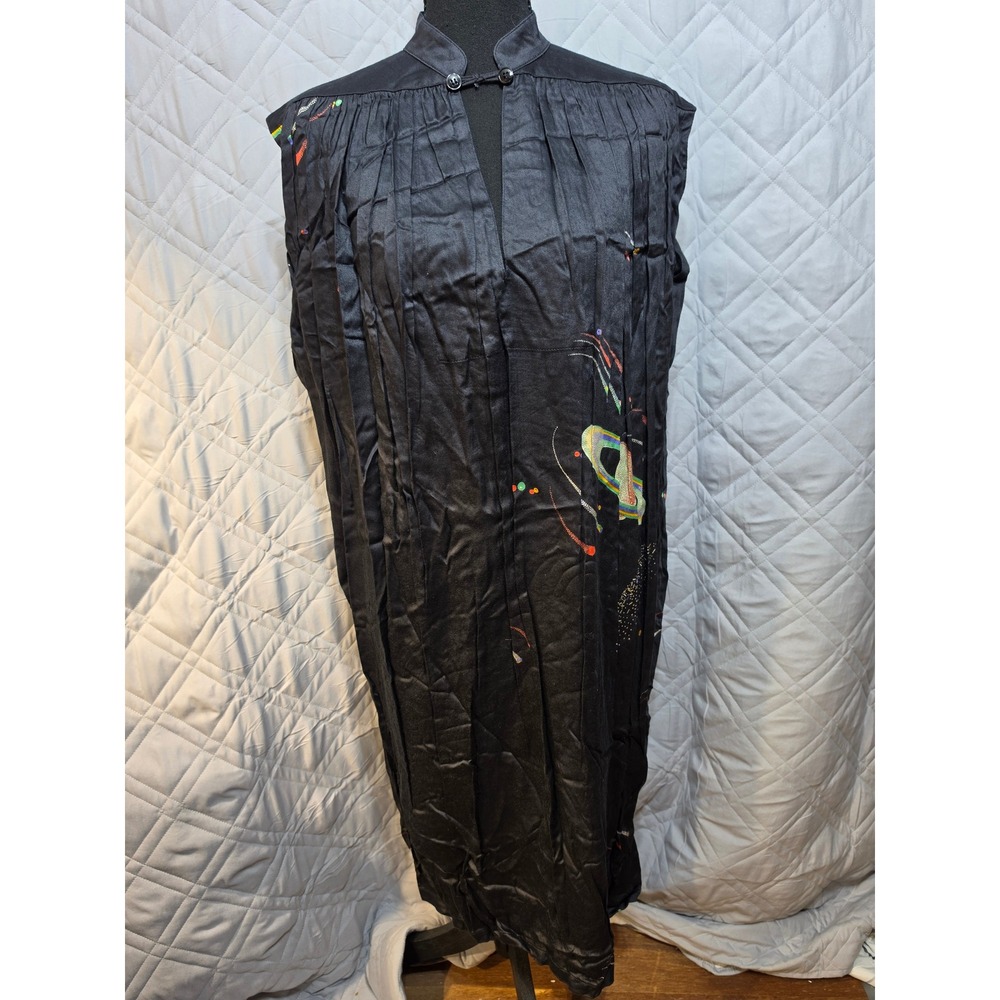 Chacok Black Celestial Space Saturn Print Pleated Mandarin Collar Midi Dress